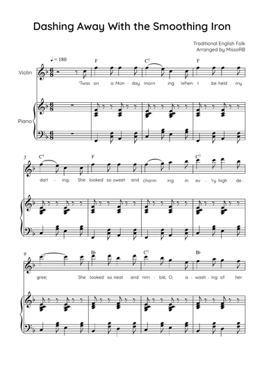 Dashing Away With the Smoothing Iron - Violin with Piano in F Easy with Chords and Lyrics