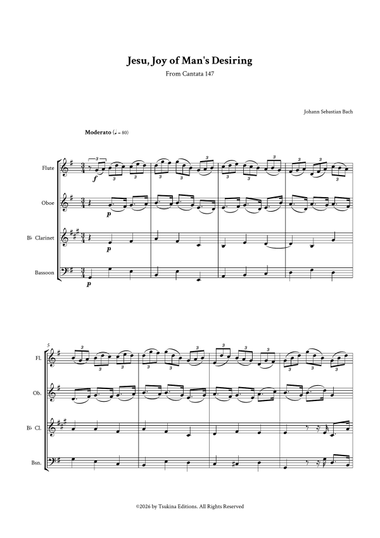 Jesu, Joy of Man's Desiring by Bach for Woodwind Quartet (Flute, Oboe, B-Flat Clarinet and Bassoon)