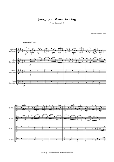 Jesu, Joy of Man's Desiring by Bach for Recorder Quartet (SATB)