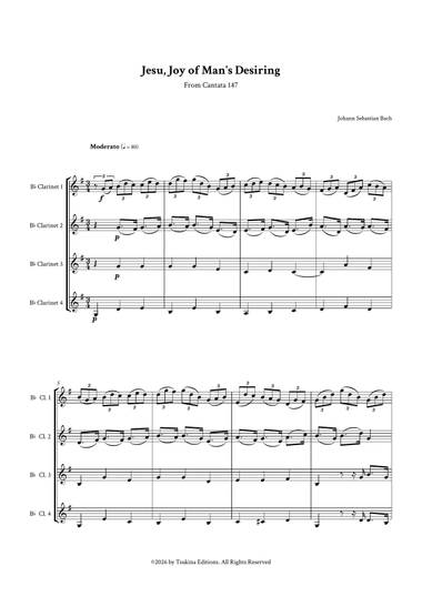 Jesu, Joy of Man's Desiring by Bach for Clarinet Quartet (4 B-Flat Clarinet)