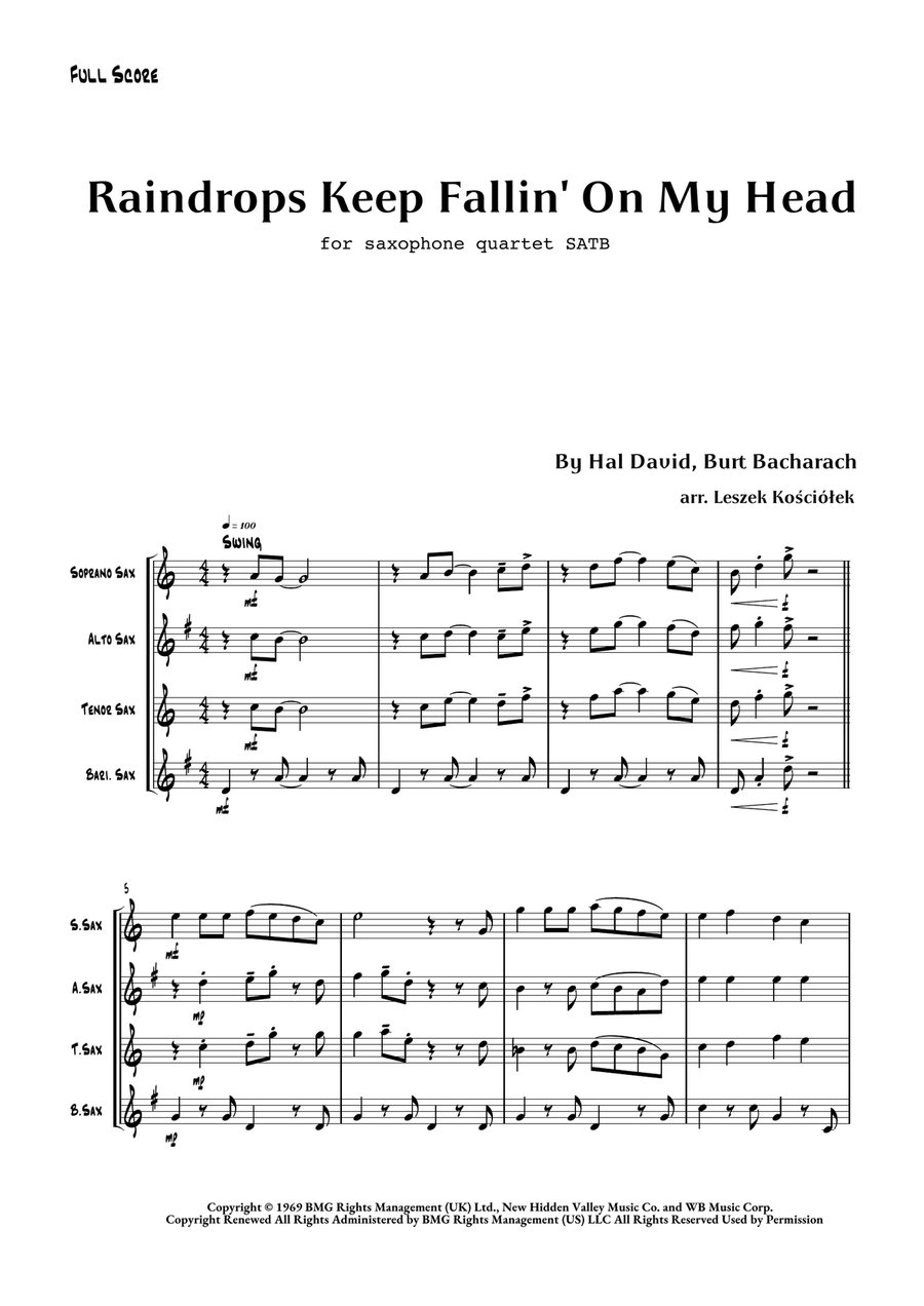 Raindrops Keep Fallin' On My Head by B.J. Thomas Saxophone Quartet - Digital Sheet Music page 4