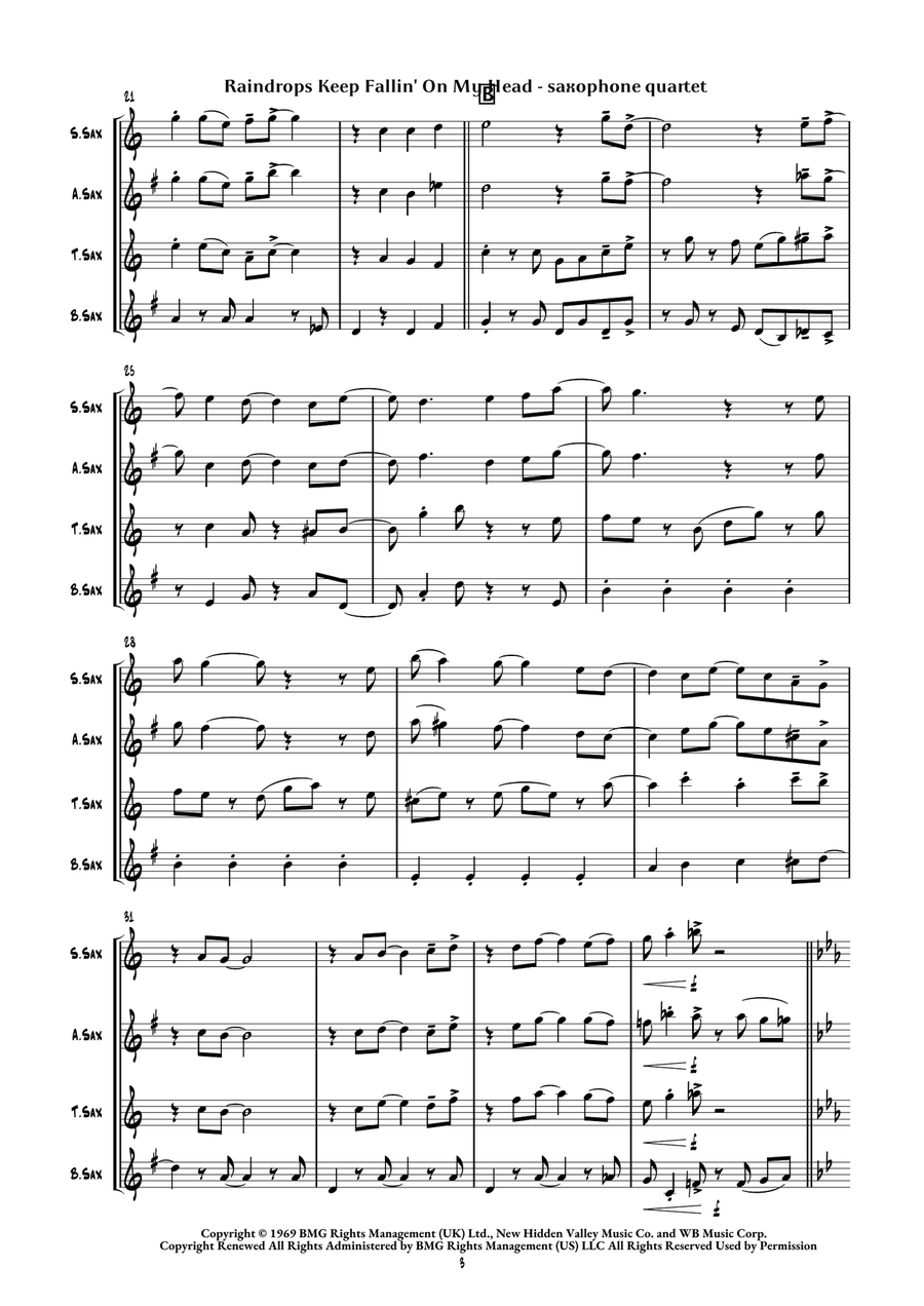 Raindrops Keep Fallin' On My Head by B.J. Thomas Saxophone Quartet - Digital Sheet Music page 6