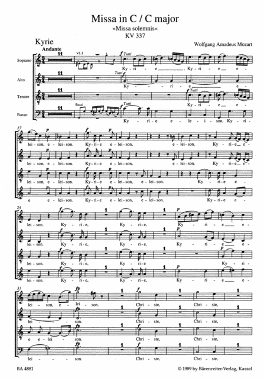 Missa C major, KV 337 'Missa solemnis' 4-Part scores gallery preview page 1