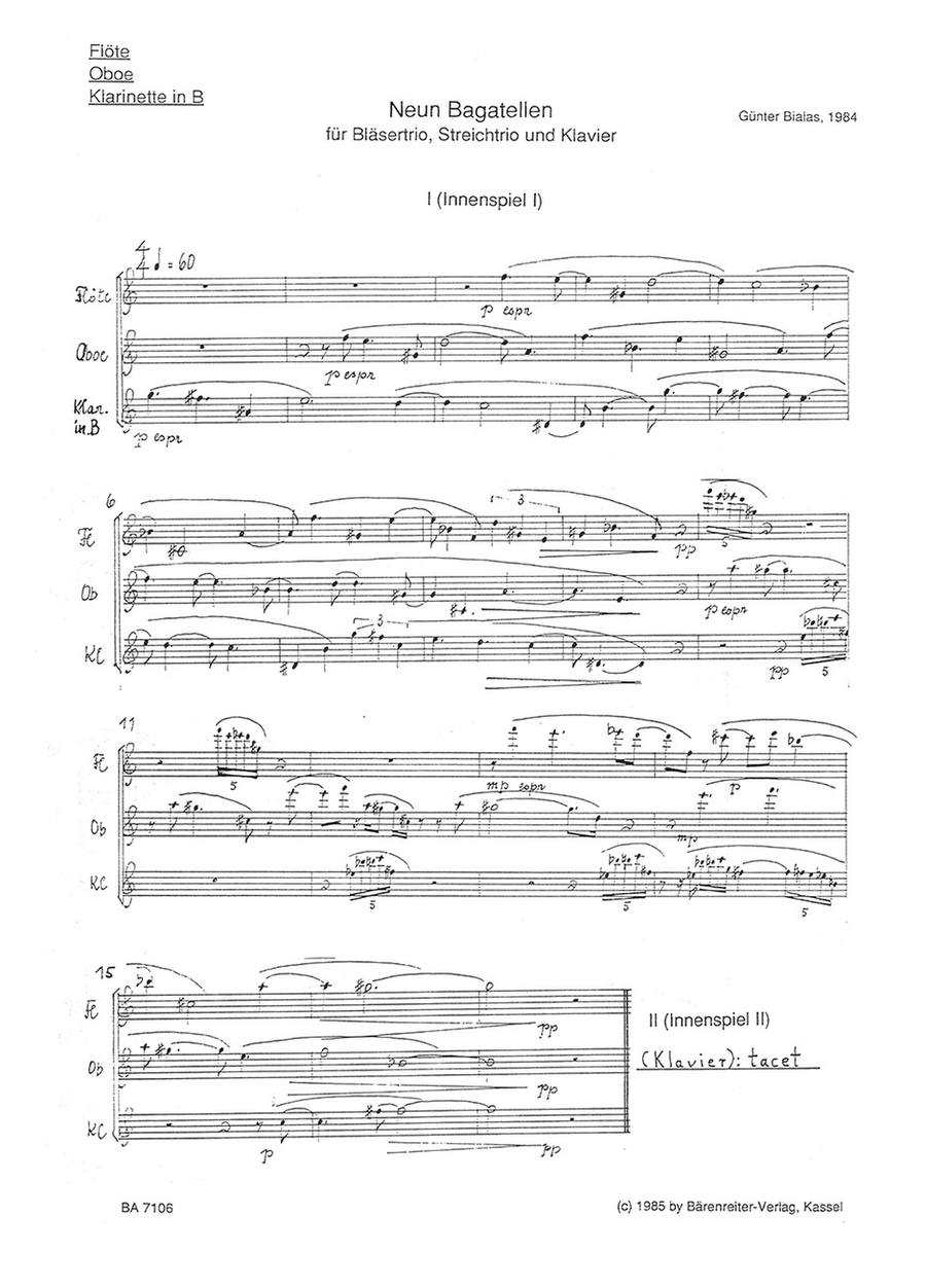 Neun Bagatellen for Wind Trio, String Trio and Piano Clarinet scores gallery preview page 2