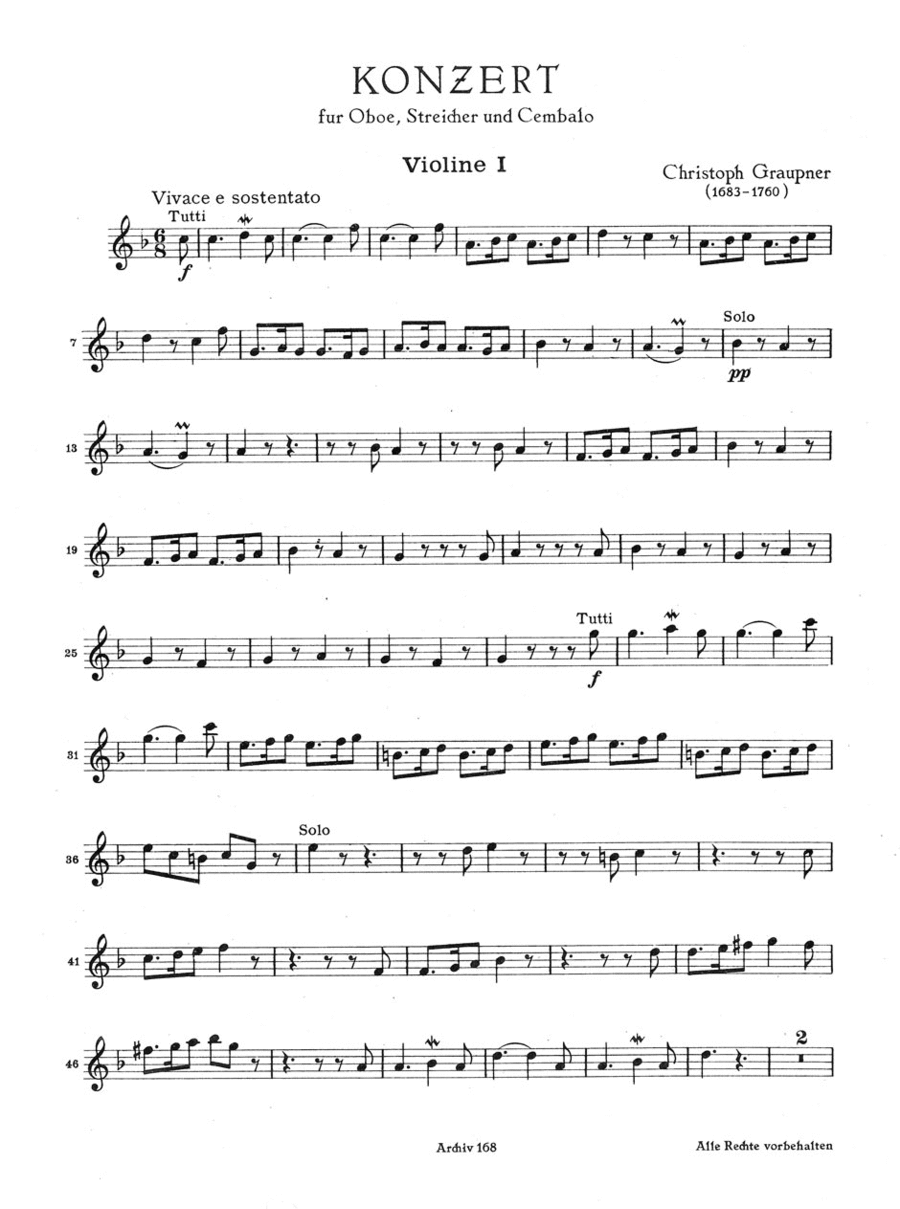 Konzert fur Oboe, Streicher und Basso continuo for Oboe, Streicher und Basso continuo F major Violin scores gallery preview page 1