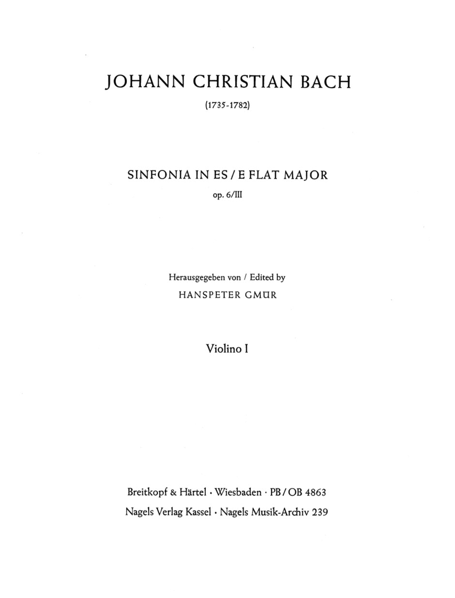 Sinfonia E flat major, Op. 6/3 by Johann Christian Bach Violin - Sheet Music