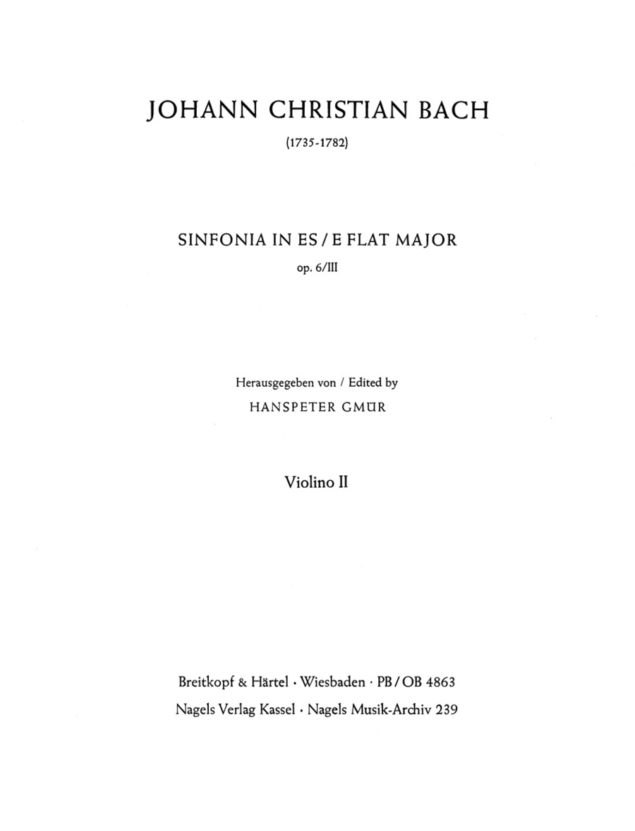 Sinfonia E flat major, Op. 6/3 by Johann Christian Bach Violin - Sheet Music