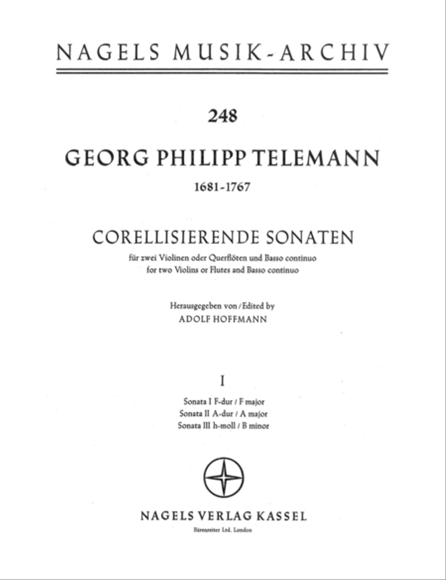 Sonatas in the style of Corelli for two Violins or two Flutes and Basso continuo Flute scores gallery preview page 1