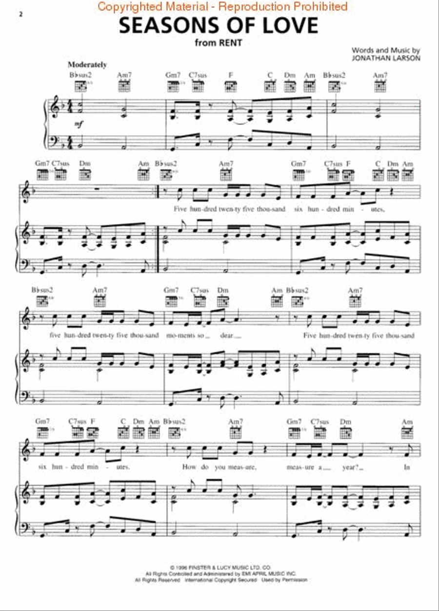 Seasons of Love (from Rent) Piano, Vocal, Guitar scores gallery preview page 2