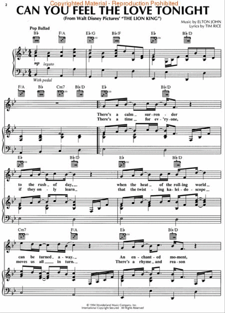Can You Feel the Love Tonight Piano, Vocal, Guitar scores gallery preview page 2