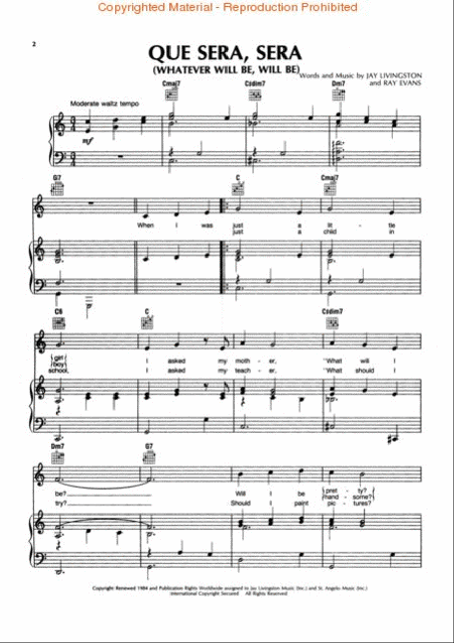 Que Sera, Sera (What Will Be Will Be) Piano, Vocal, Guitar scores gallery preview page 2