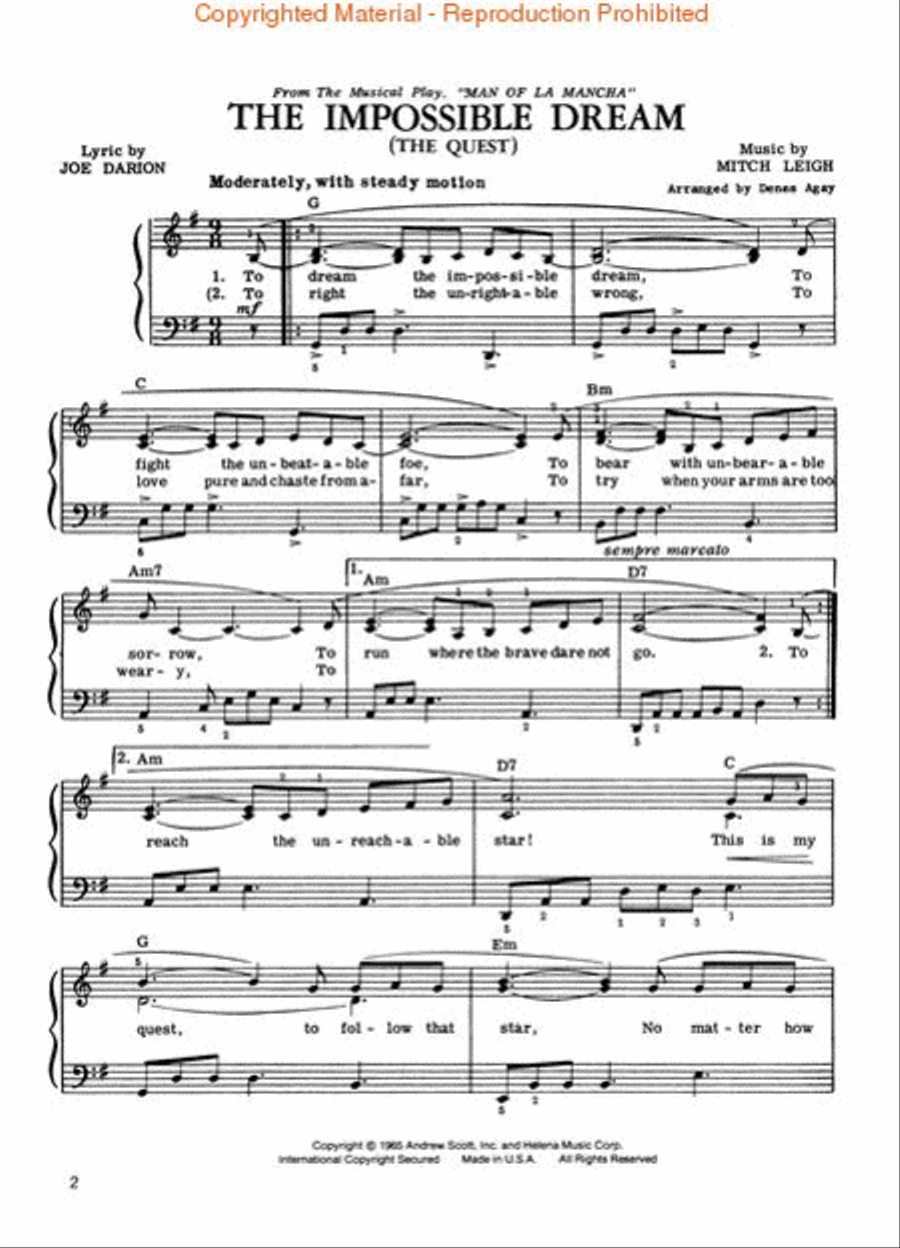 The Impossible Dream - From Man Of La Mancha - Easy Piano Voice scores gallery preview page 2