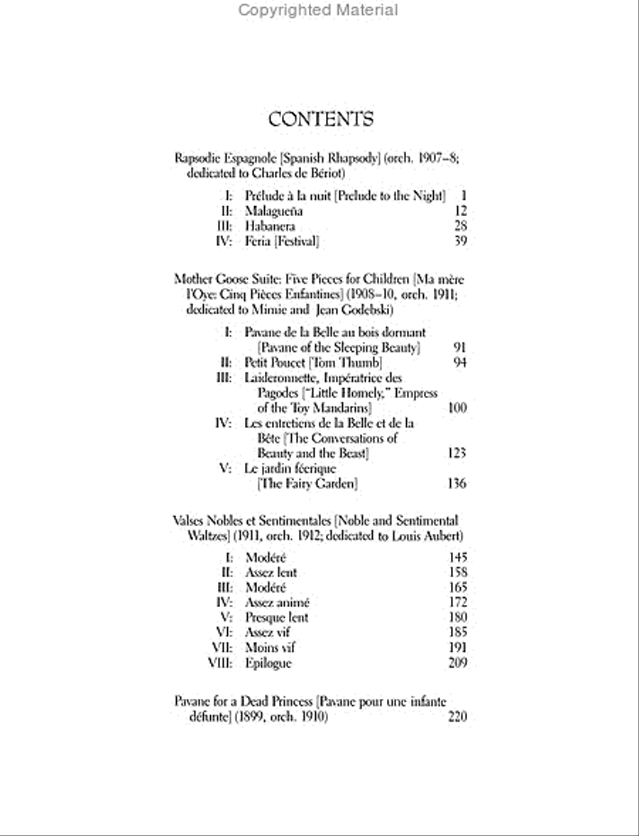 Four Orchestral Works in Full Score -- Rapsodie Espagnole, Mother Goose Suite, Valses Nobles Et Sentimentales, and Pavane for a Dead Princess Full Orchestra scores gallery preview page 2