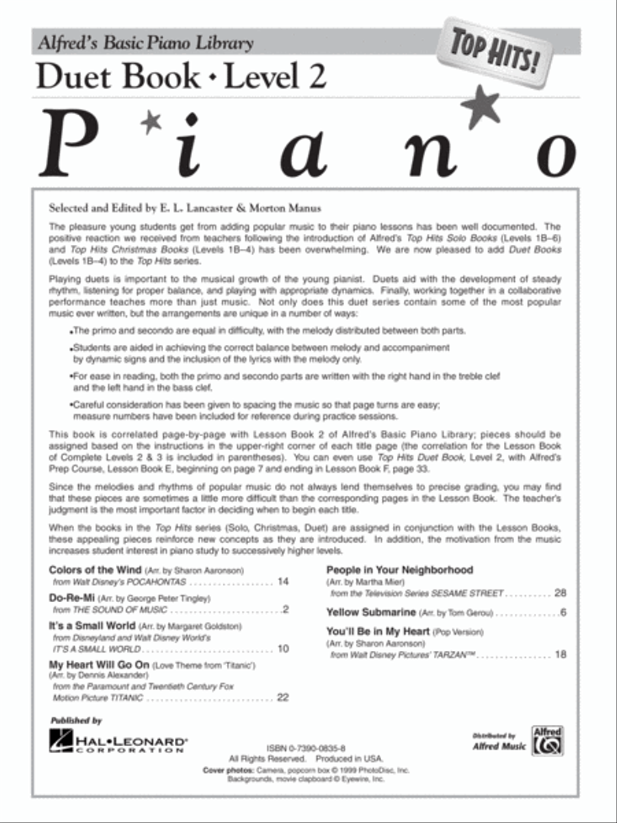 Alfred's Basic Piano Course Top Hits! Duet Book, Book 2 Piano Method scores gallery preview page 2