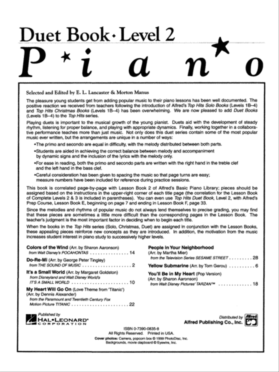 Alfred's Basic Piano Course Top Hits! Duet Book, Book 2 Piano Method scores gallery preview page 5