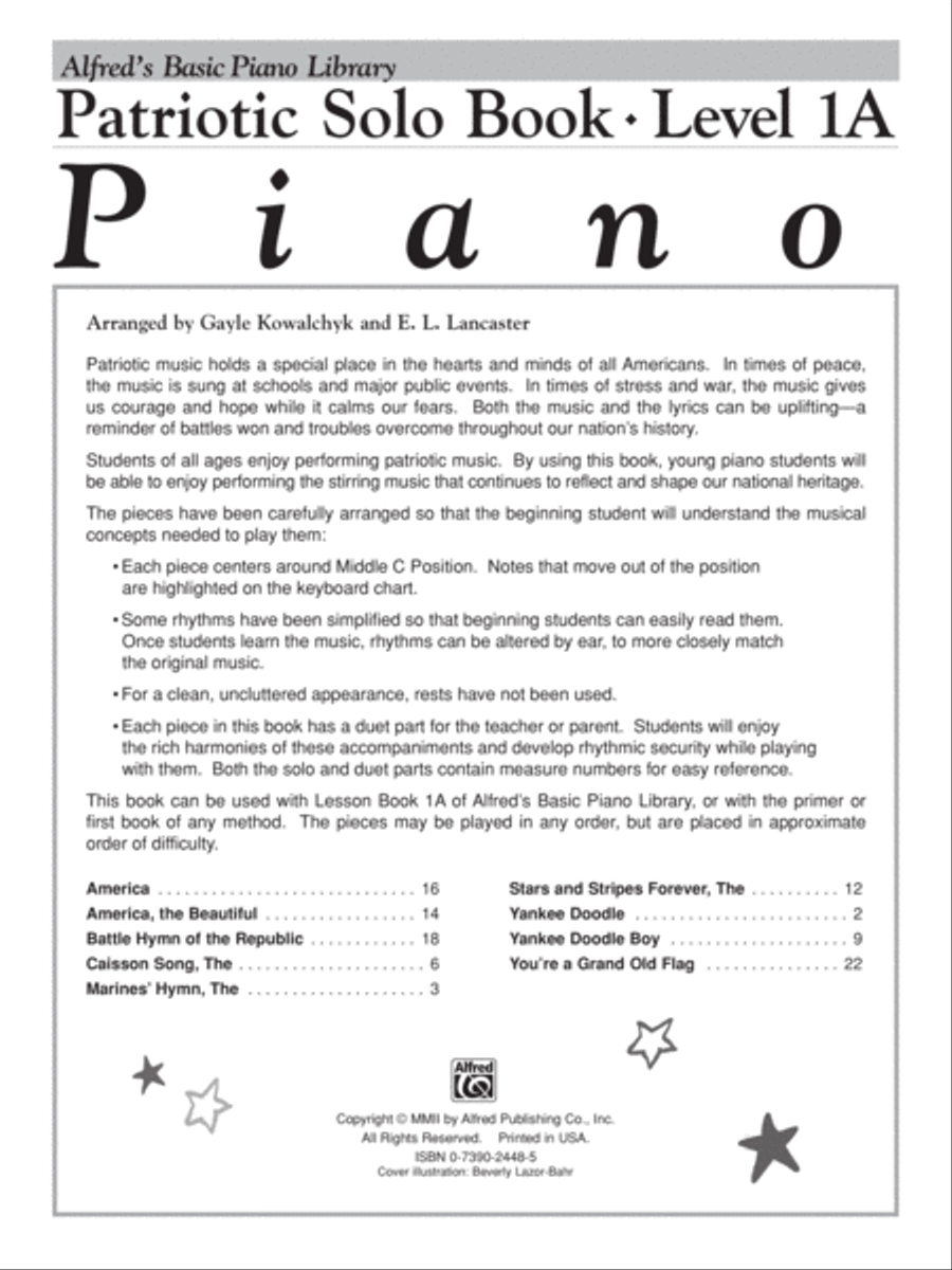 Alfred's Basic Piano Course Patriotic Solo Book, Level 1A Piano Method scores gallery preview page 2