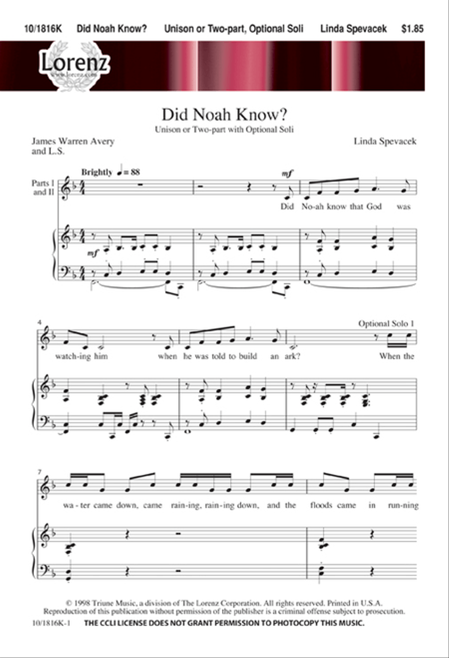 Did Noah Know? Did Noah Know? Unison Choir scores gallery preview page 1