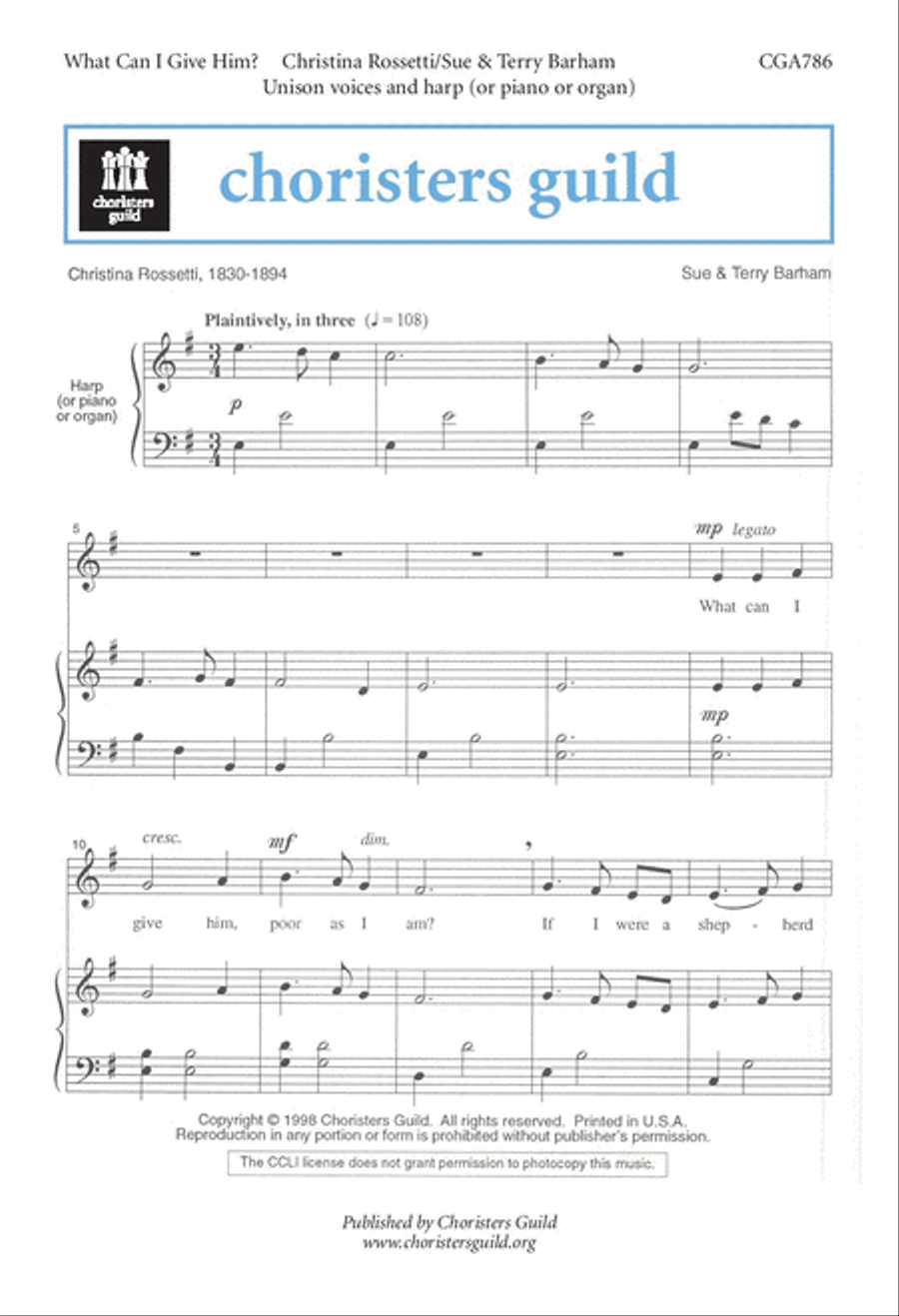 What Can I Give Him? Unison Choir scores gallery preview page 1