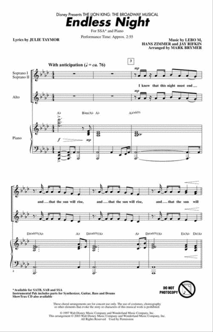 Endless Night (from The Lion King: Broadway) SSA scores gallery preview page 3