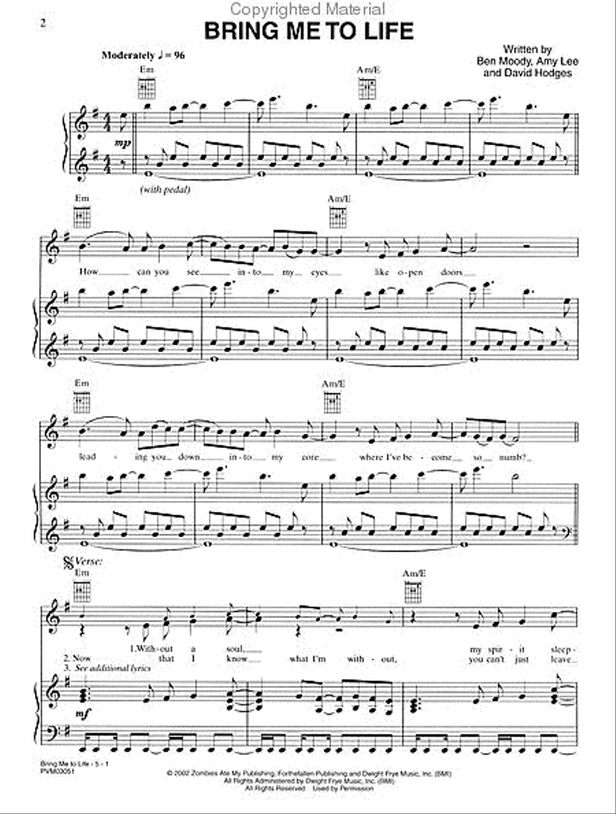 Bring Me to Life Piano, Vocal, Guitar scores gallery preview page 2