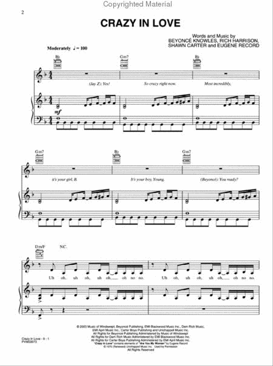 Crazy in Love Piano, Vocal, Guitar scores gallery preview page 2