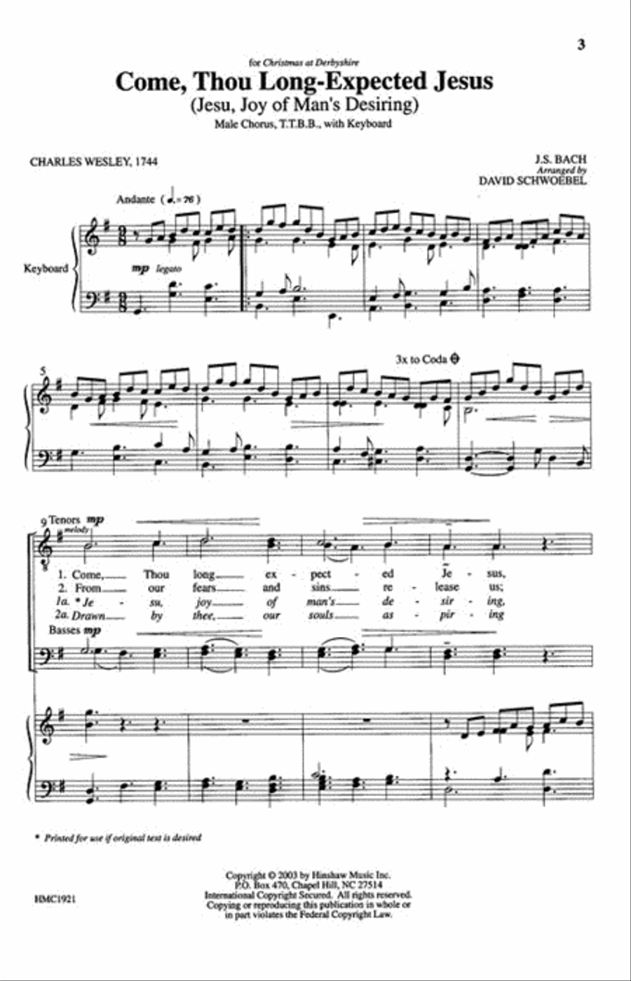 Come, Thou Long Expected Jesus TTBB scores gallery preview page 2