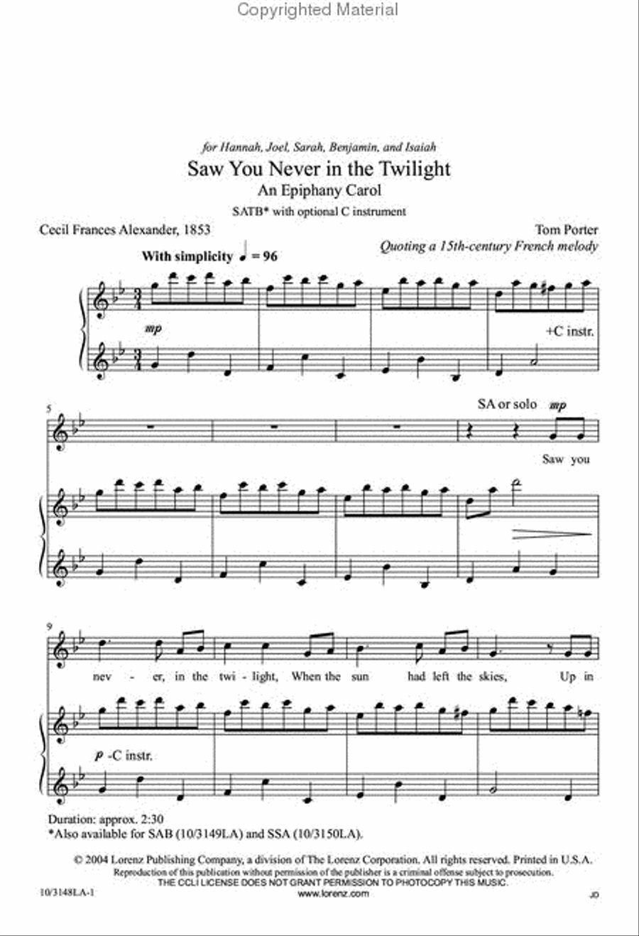Saw You Never in the Twilight: An Epiphany Carol 4-Part scores gallery preview page 2