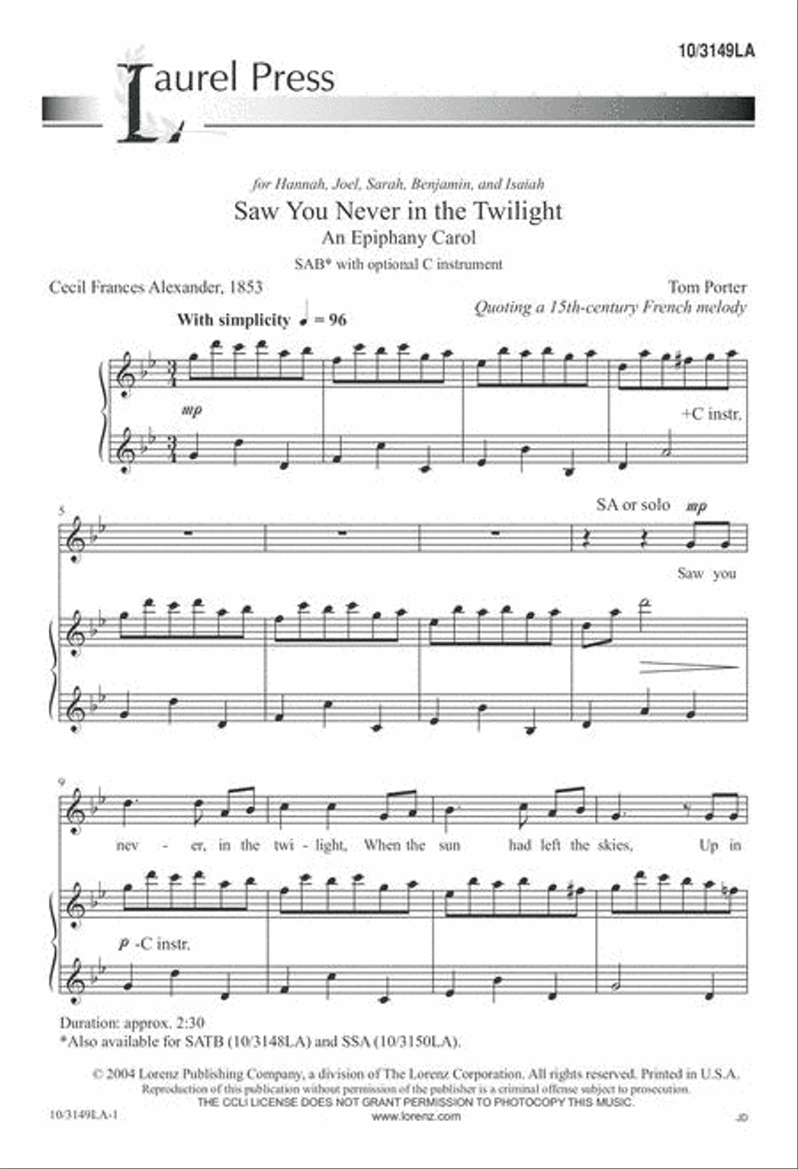 Saw You Never in the Twilight: An Epiphany Carol 3-Part scores gallery preview page 1