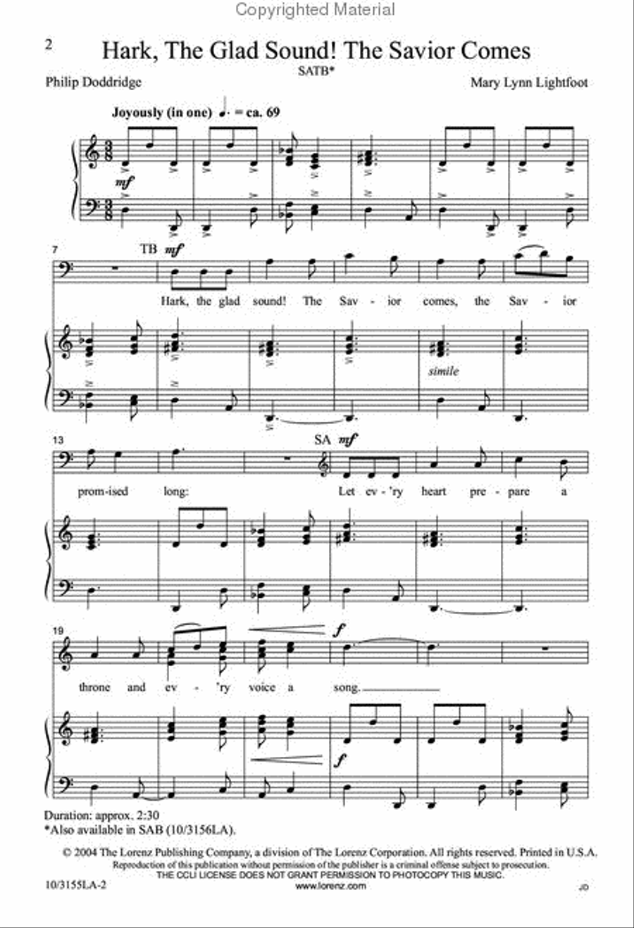 Hark, the Glad Sound! The Savior Comes 4-Part scores gallery preview page 2