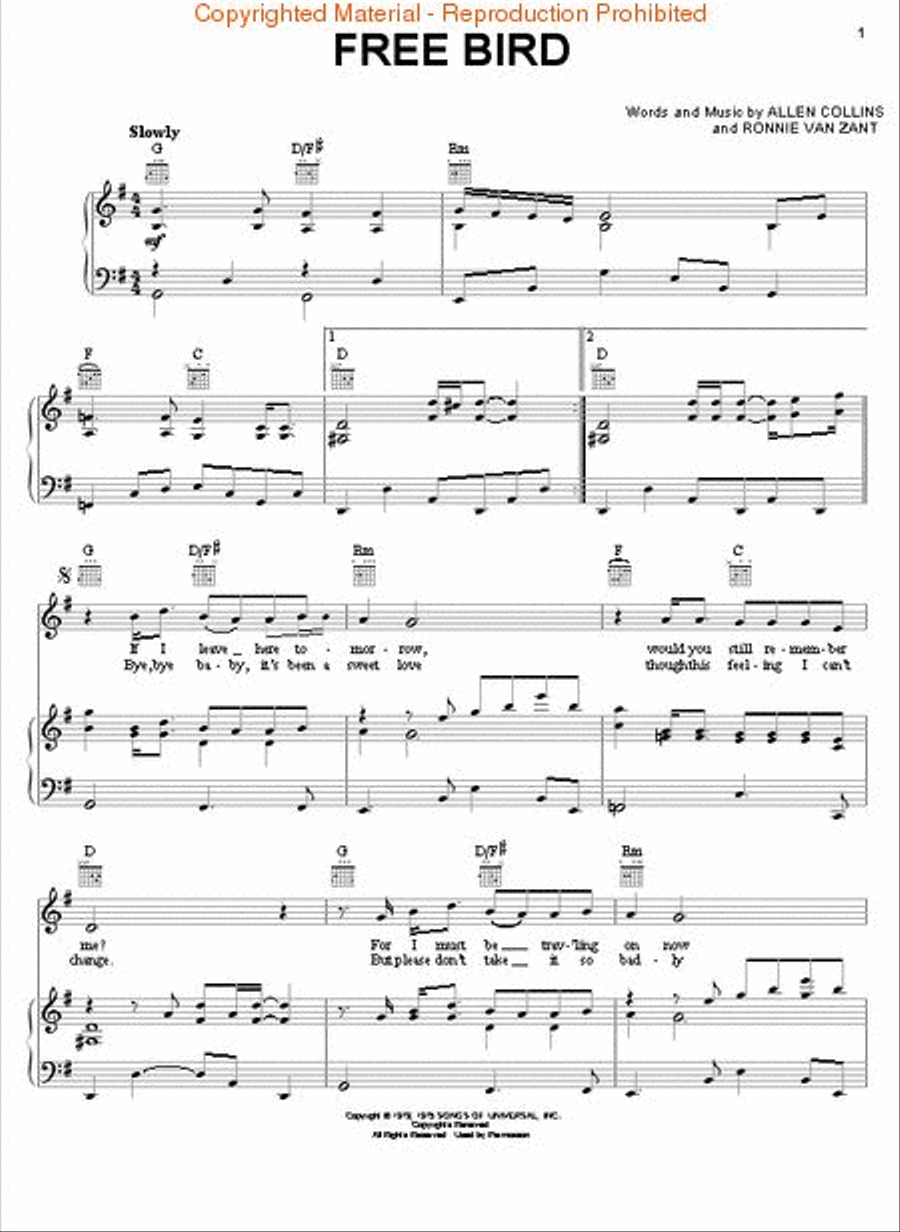 Free Bird Piano, Vocal, Guitar scores gallery preview page 2