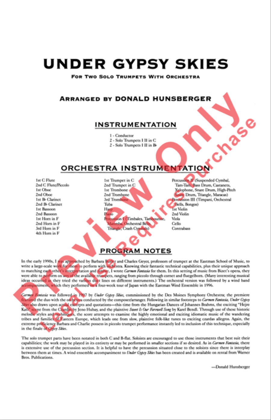 Under Gypsy Skies (for Two Solo Trumpets with Orchestra)
