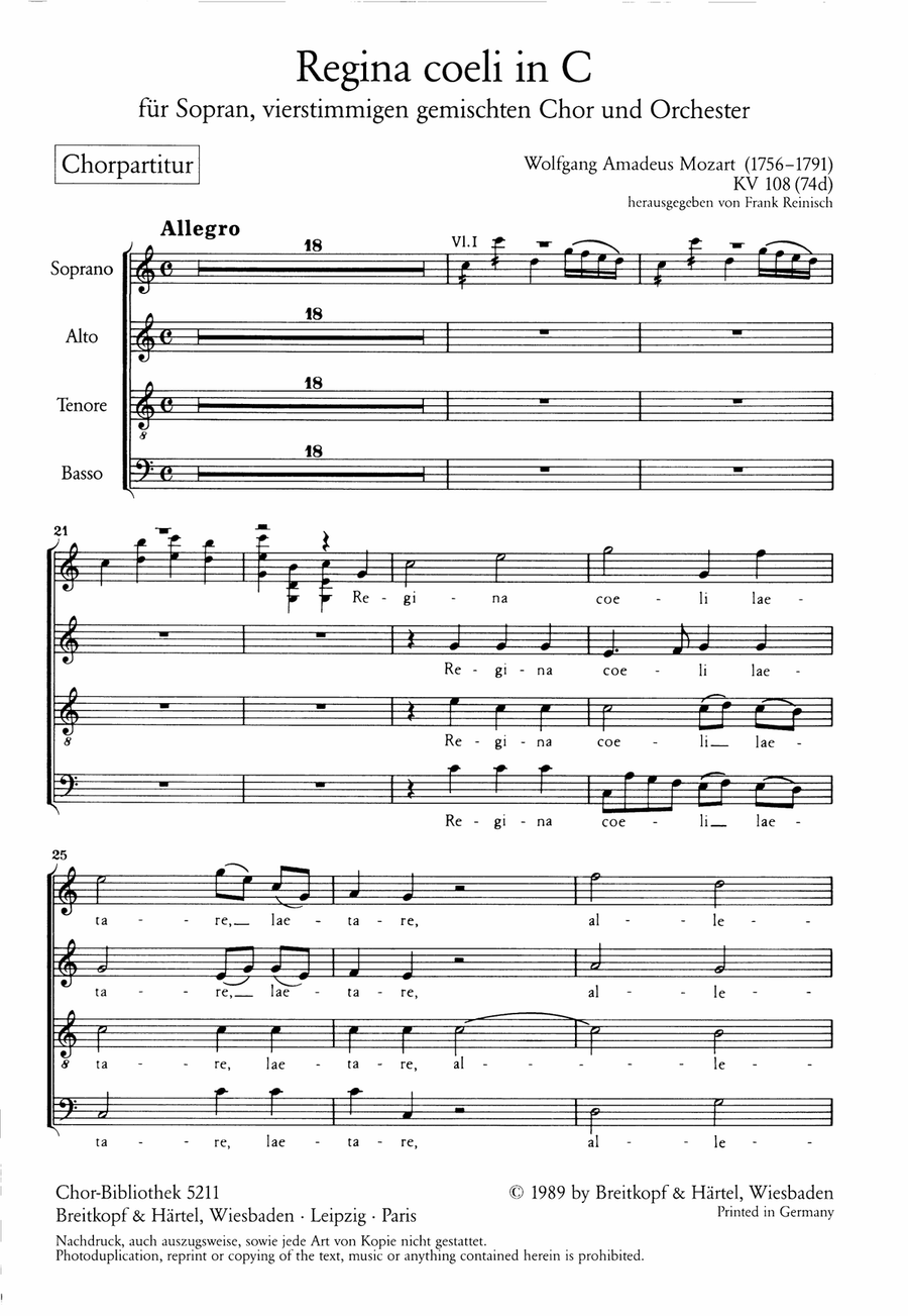 Regina coeli in C major K. 108 (74d) 4-Part scores gallery preview page 2