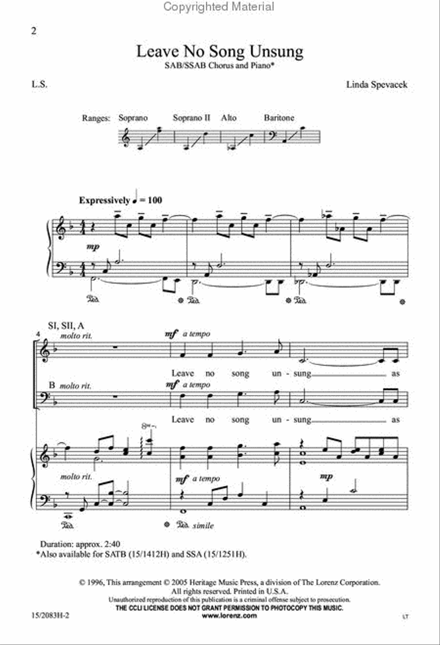 Leave No Song Unsung 3-Part scores gallery preview page 2