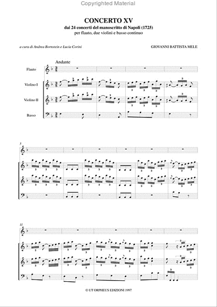 Concerto No. 15 from the 24 Concertos in the Naples manuscript (1725) for Treble Recorder (Flute), 2 Violins and Continuo Flute scores gallery preview page 2